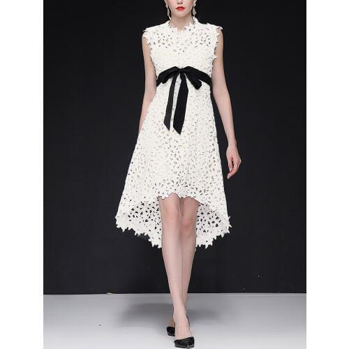 2019 Women Dress Zanzea Longo Dress De Festa Summer Womens Openwork Water Soluble Flower Tie Waist Irregular Lace Female