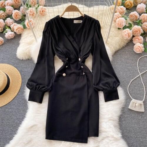 SINGREINY Women Fashion Korean Dress Long Sleeve V Neck Double Breasted Slim Dresses Autumn Elegant Streetwear Black Short Dress