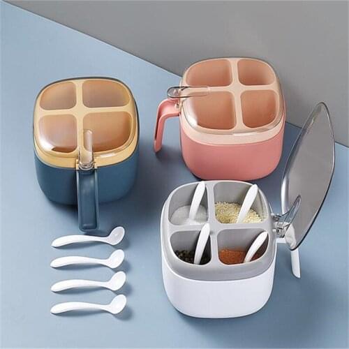 4 Grids Kitchen Organizer Storage Boxes with spoons Spices Seasoning Jar Transparent Sugar Salt Bottle Kitchen Accessories