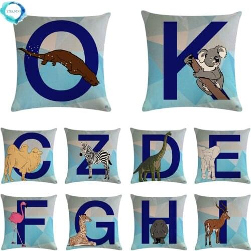 English Alphabet 26 Letters Cotton Linen Decorative Pillowcase Blue Animal Flamingo Dinosaur Elephant Print Sofa Cushion Cover