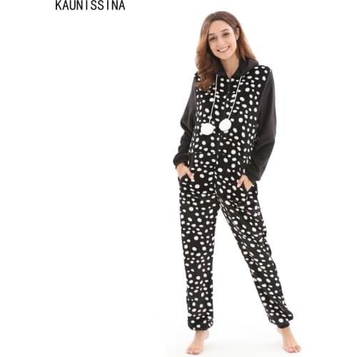 Flannel Hooded Warm Women Onesies Plus Size Zipper Long Sleeve Ladies Winter Polka Dot One Piece Pajamas Female Lounge Homewear