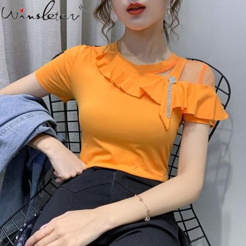 Summer Korean Clothes Cotton Solid T-Shirt Sexy Fashion Ruffles Patchwork Women Tops Slim Bottoming Shirt Tees New 2021 T13712A
