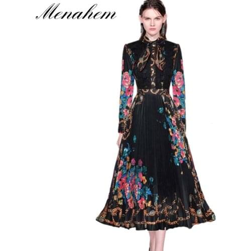Menahem Fashion Women Pleated Dress 2021 Autumn Single Breasted Bow Collar Long Sleeve Flower Print Lace Trims Midi Vestidos