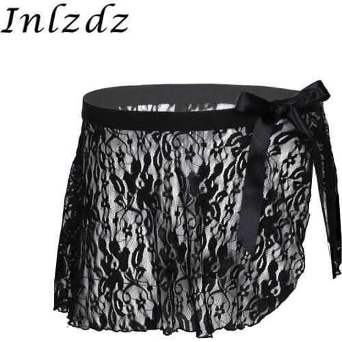Mens Lingerie Sissy Mini Skirts See Through Sheer Lace Mid Rise Elastic Waistband Side Split with Bowknot Erotic Sexy Mini Skirt