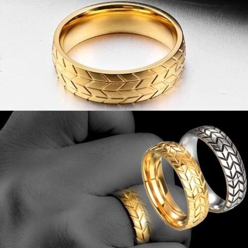 Motorcycle Tire Rings for Men Hip Hop Punk Biker Ring Stainless Steel Gold Silver Color Geometric Striped Band Jewelry Ring