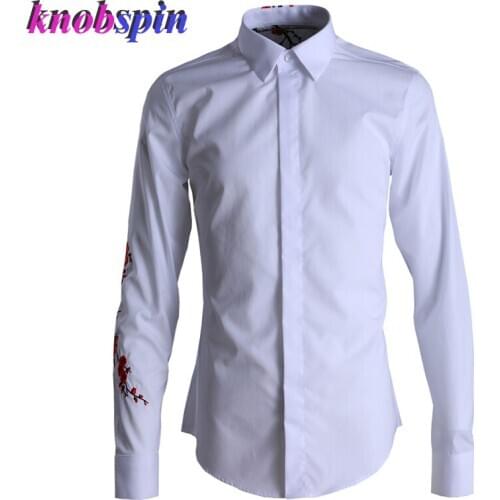 Plum Blossom Embroidery Shirt Men Long Sleeve Slim Casual Chemise homme Solid Turn-over Collar Mens Cotton Shirts Plus size
