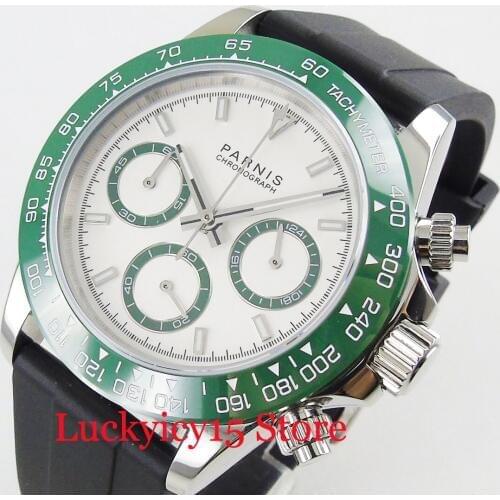PARNIS Top Brand Quartz Mens Watch 39mm White Dial Sapphire Glass Rubber Strap Chronograph Hand