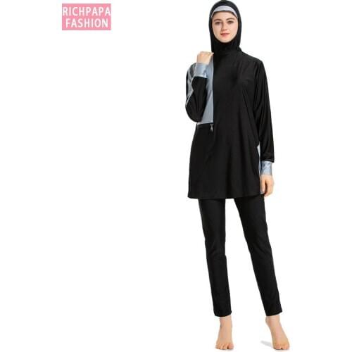 New Short Sleeve Swimsuit Islamic Hijab Islam Burkinis Wear Muslim Swimwear Women Modest Patchwork Full Cover