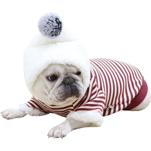 Pet Coat Winter Warm Stripe Hoodies French Bulldog Dog Clothes Schnauzer Pug Clothing Bulldog Costume Pet Outfit with Plush Hat