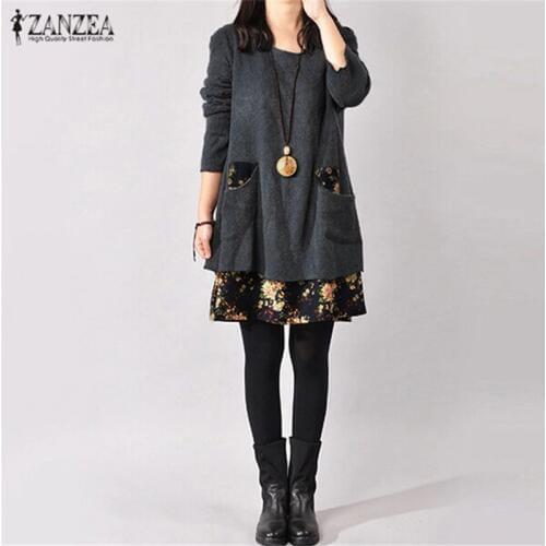 ZANZEA Plus Size Women Floral Printed Dress 2021 Autumn Winter Dresses Ladies Pockets Long Sleeve Casual Loose Vestidos 4XL