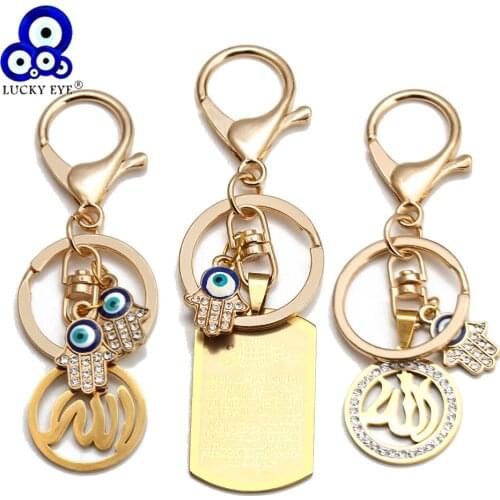 Lucky Eye Titanium Steel Fatima Hand Blue Turkish Evil Eye Keychain Gold Silver Color Car Keyring for Women Men Jewelry BE164