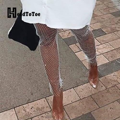 Sexy Hallow Out See Through Glitter Pants Women High Waist Skinny Pants Party Clubwear