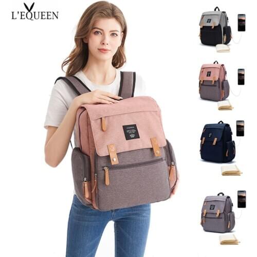 Lequeen Diaper bag Backpack mummy bag Mother Baby Bag Free stroller hooker Diaper PAD USB charge Baby accessories Baby care