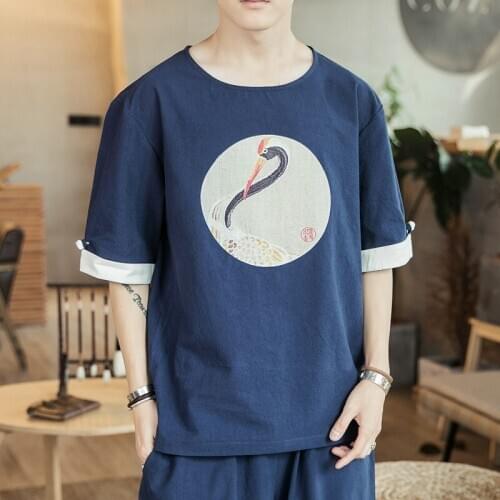 Traditional Chinese Clothing Shirt Harajuku Short-Sleeve Original Crane Print MenS Tshirt Casual Oversize Kung Fu Clothes 11174