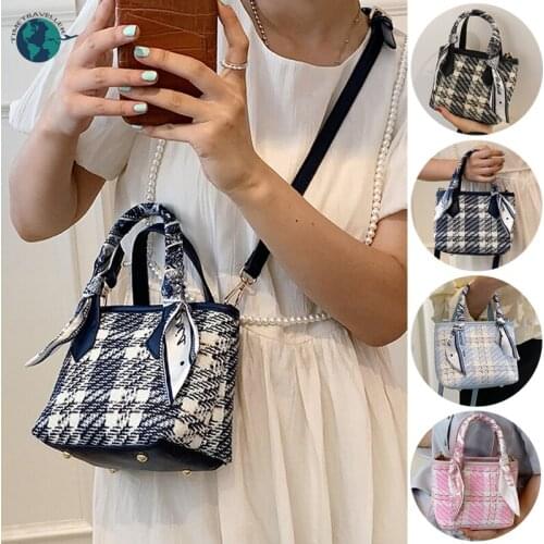 Vintage Women Plaid Shoulder Bag Hand Carry Bag with Scarves Tote Crossbody Bag Simple Bucket Messenger Bag Handbag