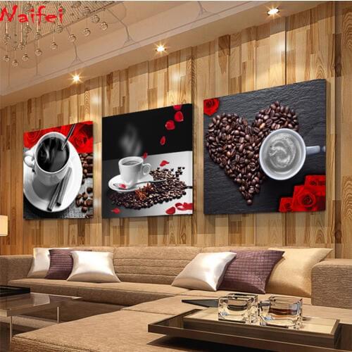 3 Panel embroidery Coffee Cup Vintage diamond Painting Wall Pictures for Kitchen Coffee Shop Wall Decor diamond mosaic Painting