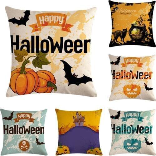 Halloween High Qulity Cotton Linen Pumpkin Cat Bat Crow Printed Decorative Cushion Cover Pillow Case Car Seat 45*45cm Pillowcase