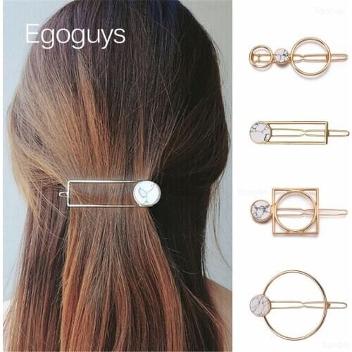 1PC Fashion Geometric Hair Clips Circle Square Hairpins Women Girl Natural Stone Marbling Barrettes Retro Metal Hair Styling Pin