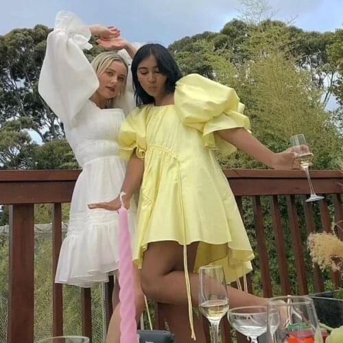 Foridol Drawstring Puff Sleeve Yellow Summer Dress Loose Casual Cotton Oversized High Fashion Short Dress Diagonal Collar Dress