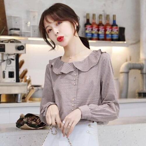2021 Women Fashion Ruffled Collar Blouses Top Spring Autumn New Vintage Plaid Shirt Female Casual Long Sleeve Loose Outwear Q440