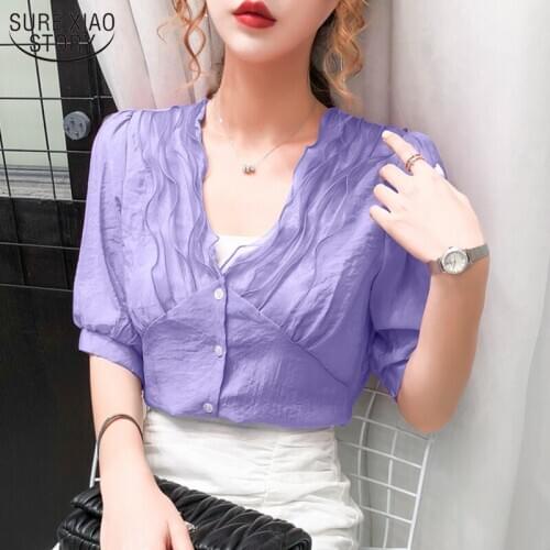 2021 Summer New Korean Style Wild Elegant V-neck Chiffon Shirt Fashion Style Slim Short Sleeve Blouse White Tops Women 9810