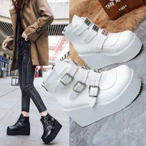 Winter Fashion Elegant Metal Buckle Ankle Boots Punk Platform Boots Wedge High Heels PU Womens Shoes Large Size Purple 35-43