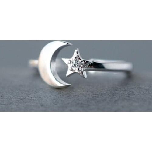 Kinitial Vintage Inset Zircon Crystal Star Moon Finger Rings Lucky Crescent Rings for Women Party Gift Adjustable Charm Jewelry