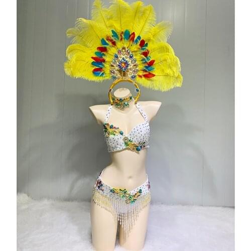 Sexy Women Samba Rio Carnival Costume Handmde Belly Dance Costume Wire Bra&Belt Set with Feather Head piece Rainbow stones C031