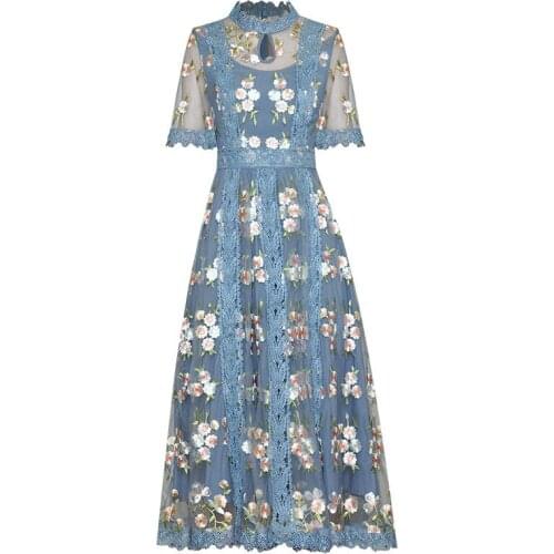 Runway Designer Flower Embroidery Mesh Lace Dress 2021 Summer Women Short Sleeve Elegant Party Wedding Dresses Vestidos