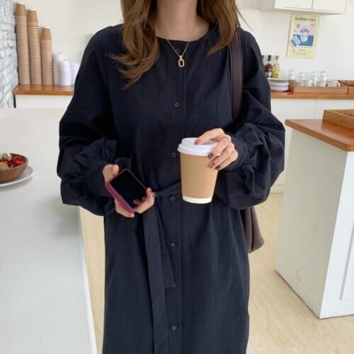 2021 Women Spring Pure Cotton Casual Long Shirt Dress with Waistbelt Lantern Sleeve Round Collar
