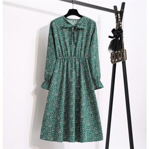 YYCZF Womens Chiffon Dress Casual Female Vintage Floral Dot Printed Long Sleeve Bow Midi Dresses SP & AU Flare Sleeve Vestidos