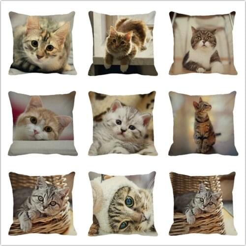 XUNYU Cute Pet Little Flower Cat Cushion Cover Linen Throw Pillow Case Sofa Bed Decorative Pillowcase C0020