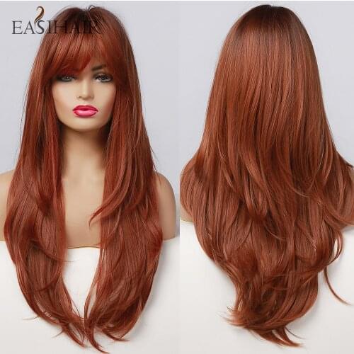 EASIHAIR Long Red Brown Ombre Synthetic Wigs for Women Natural Wave Wigs with Bangs Layered Heat Resistant Cosplay Wig