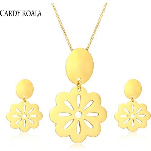 Cardy Koala Flower Pendant Necklace Earring Jewelry Set Stainless steel Silver / Gold / Rose Gold Jewelry Set for Women and Girl