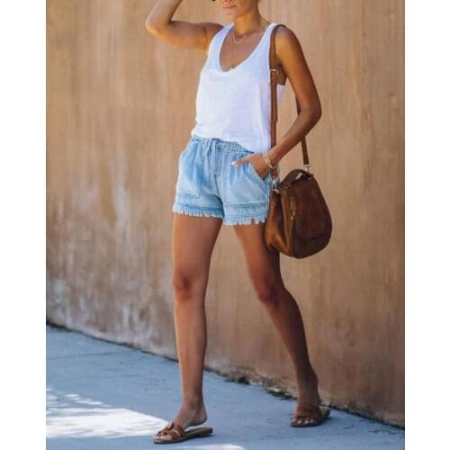 2021 Summer European and American Foreign Trade Elastic Waist Drawstring Leisure High Waist Thin Denim Shorts Women Denim Jeans