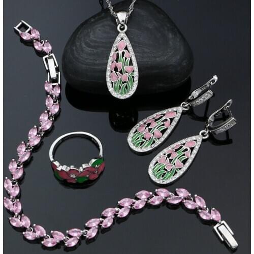 Sweet Woman Jewelry Set Pink Enamel 925 Sterling Silver Earrings Pendant Chain Ring Bracelet Wedding Accessories