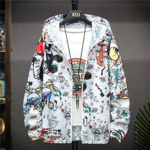 Mens Hooded Jacket Summer New Mens Sun Protection Thin Breathable Cartoon Graffiti Coat Casual Outdoor Sports Jackets Male Women
