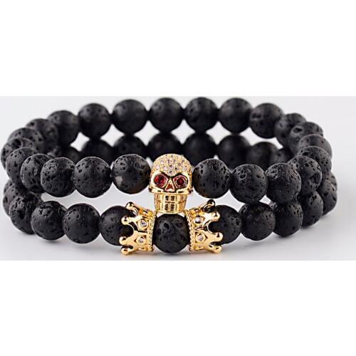 Amader 8mm Black Lava Stone Beads Bracelet Set Men Charm CZ Skeleton&Crown Copper Women Elastic Bracelet Pulseras ABD086