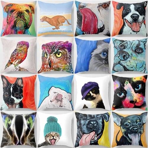 Watercolor painting cute puppy owl animal pattern pillow cases short plush high quality square thick pillow case covers