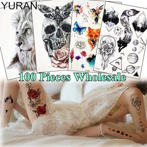 YURAN 100 Pieces Wholesale Water Transfer Fake Tattoo Temporary Lion Skull Body Art Tattoo Stickers For Men Women Arm Leg Tatoos