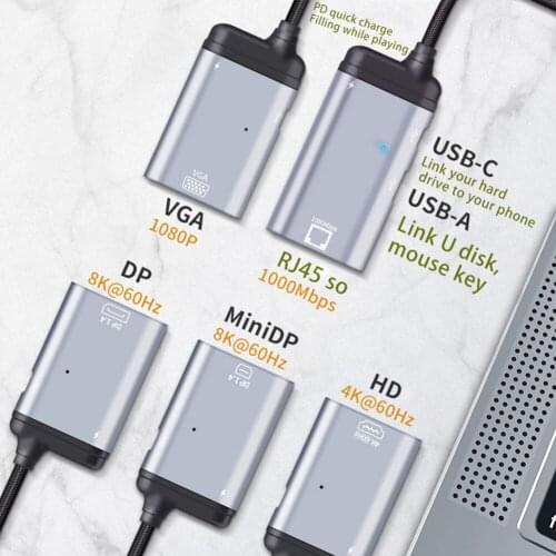 4K Type-C Converter USB C Male Connector to VGA/DP/RJ45/Mini DP/HDMI-Compatible Video Adapter Support Cast Screen Charging