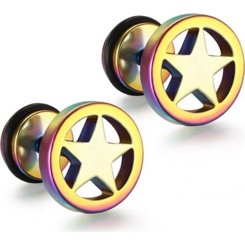 Men Women Star Shape Punk Stud Earring Titanium Steel Geometric Wheel Earrings Black/Silver Color Blue/Magic/Gold Colors 040