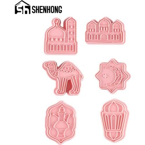 SHENHONG 6Pcs Set Plastic Cookie Stamp Biscuit Cutter Molds 3D Middle Eastern Style Dough Pastry Moulds Cake Baking Tools