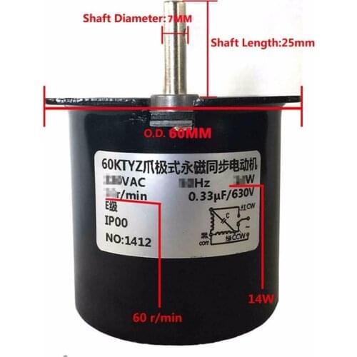 Synchronous Motor 60KTYZ AC220V AC240V 1.2/2.5/5/10/15/20/30/40/50/60/80/100/110 rpm CW/CCW 14W