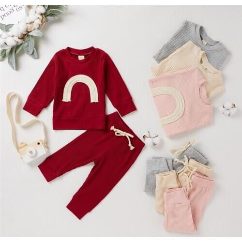 Baby Girl Ribbed Clothes Set Knitting Pullover, Lace-up Pants, Round Collar Long Sleeves Rainbow Top Sports Home Jogger Trousers