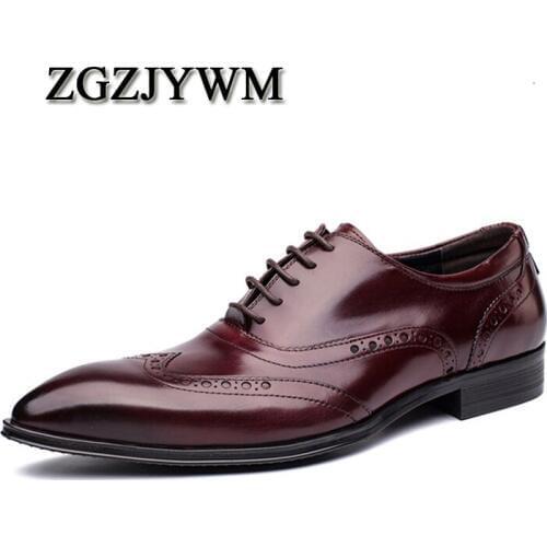 ZGZJYWM Products Fashion Branded Design British Bullock Carved Genuine Leather Pointed Toe Lace-Up Oxford Dress Shoes For Men