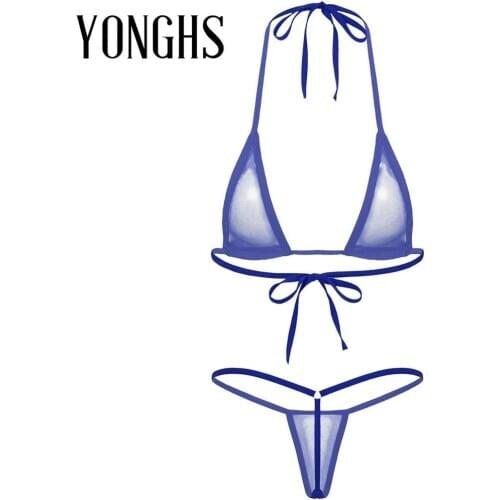 Womens Micro Bikini Hollow Out Sexy Lingerie Set See-through Swimsuits Halter Lace-up Bra with T-back Thong Briefs Panties