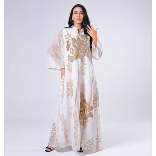 Sequins Embroidered Abaya Dress for Women Moroccan Kaftan Turkey Arabic Jalabiya White Islamic Ethnic Robe 2021 Eid New
