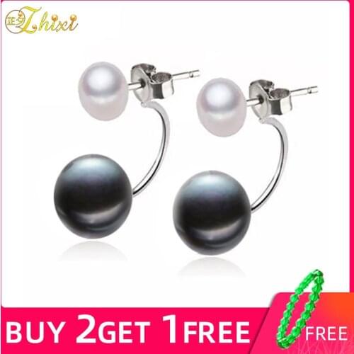 ZHIXI Double Pearl Earrings Pearl Jewelry 925 -Sterling-Silver Natural Freshwater Pearl Stud Earrings Trendy Birthday Gift E169