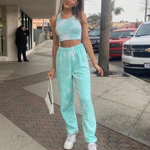 2020 Women Sexy Tie Dye Pajamas 2 Pcs Set Homewear Long Pants Tank Top Casual Outfit Lounge Wear Plus Size Female Sleepwear